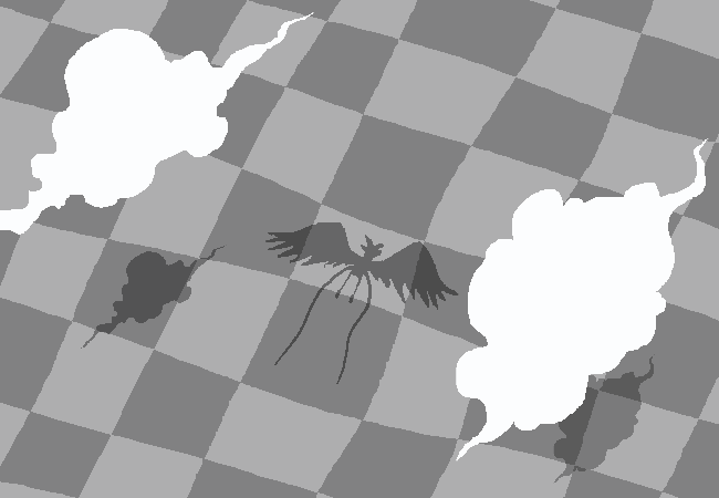 An image of the battlefield showing two clouds and the shadow of Jack Noir flying overhead.