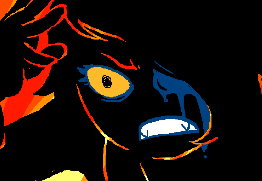 Vriska Serket performing the psychic double reach around. Closeup of face in silhouette except for her blue blood.