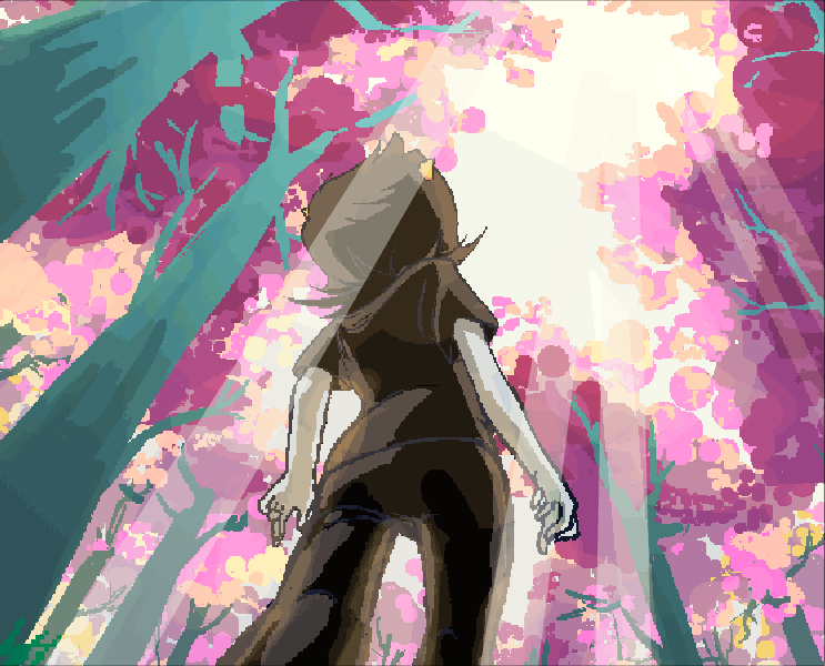 Terezi on Alternia looking up at the sky through a clearing in the forest roof. Blue trees and purple leaves block the sky.