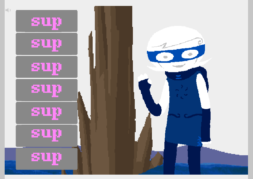 Roxy standing next to a spike and a bunch of rectangles that say 'sup'