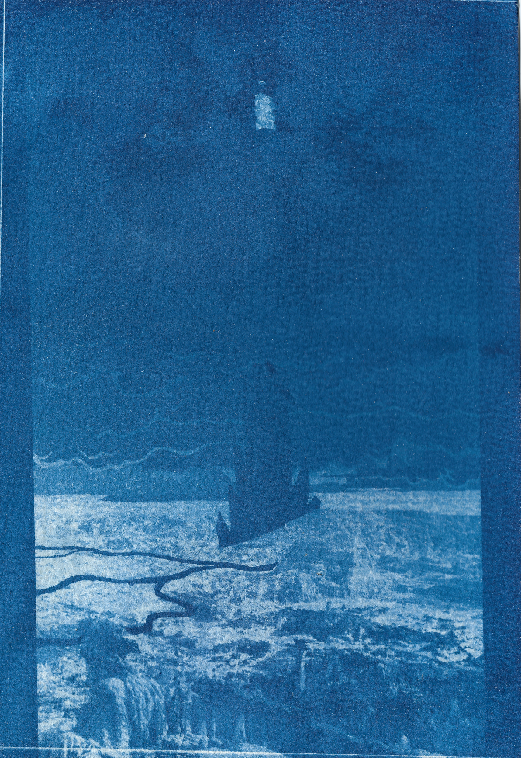 A cyanotype print of Homestuck Panel 003329 Panel 2, showing John's home sat atop a giant spire piercing the clouds